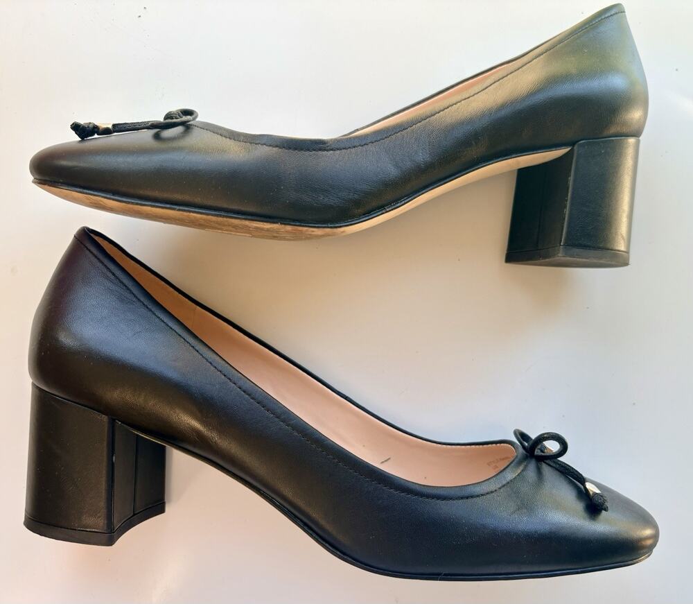 Kate Spade Leather Pumps Block Heel Size 10 Black Bow Tie Toe Ballet Office